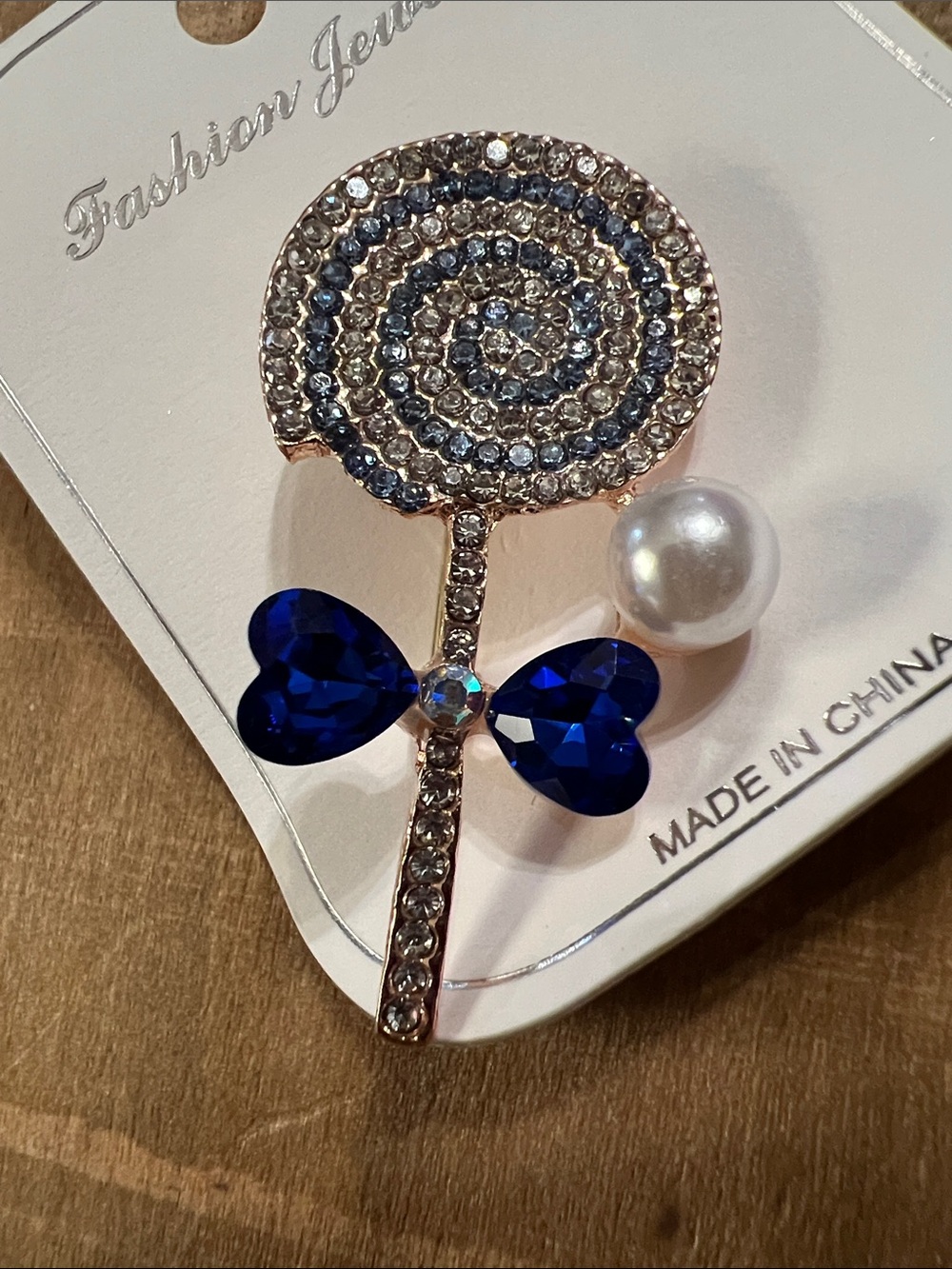 3/$18 Crystal Spiral Lollipop Brooch with Blue Hearts and Pearl Accent Lot 6060